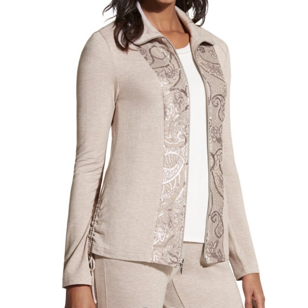 New ZENERGY by Chico's Embellished Jacket Sweatshirt Top Sz 1 S M SEQUINED FRONT